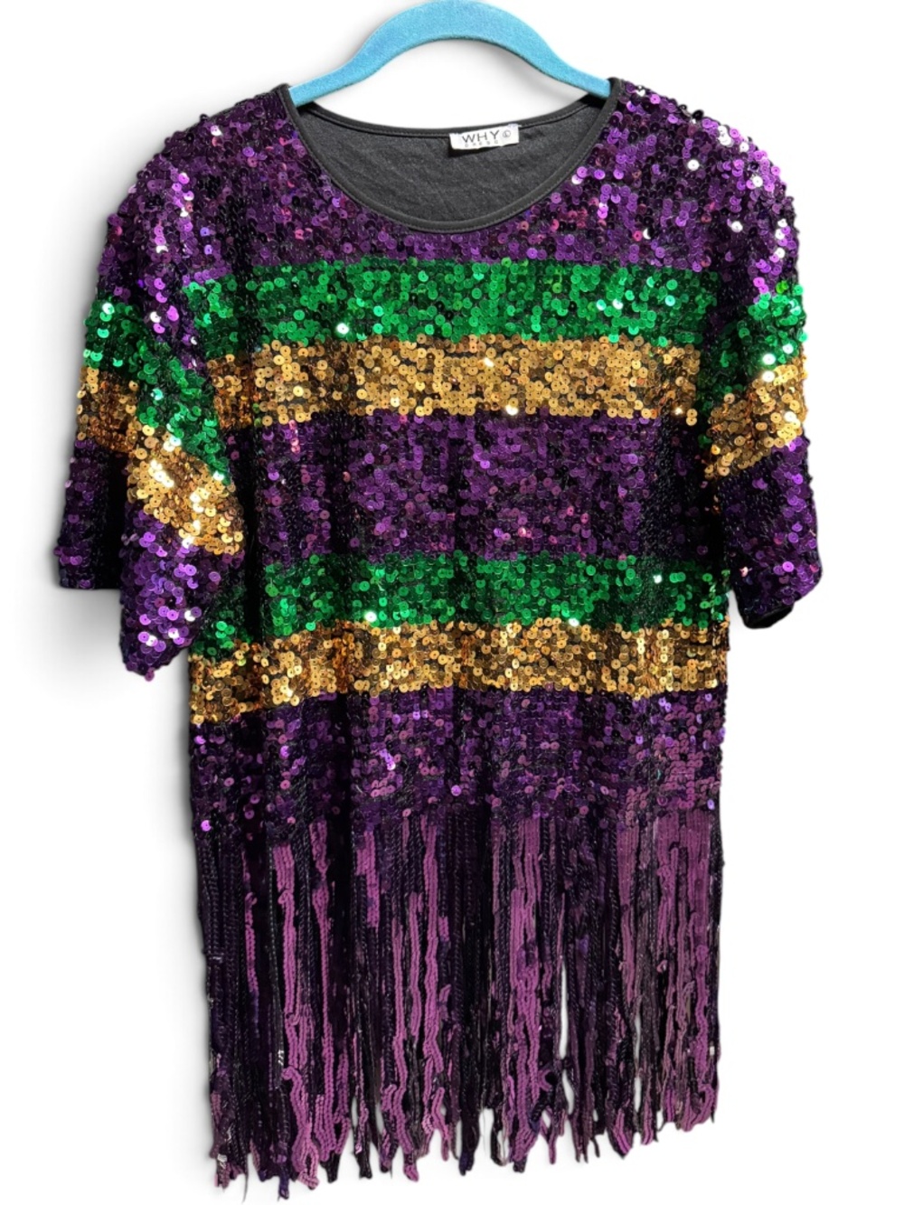 WHY DRESS Mardi Gras Sequin Fringe Top Large Purple Green Gold
